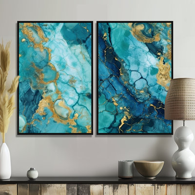 Turquoise luxueux, art fluide abstrait VII - art mural abstrait 2 panneaux
