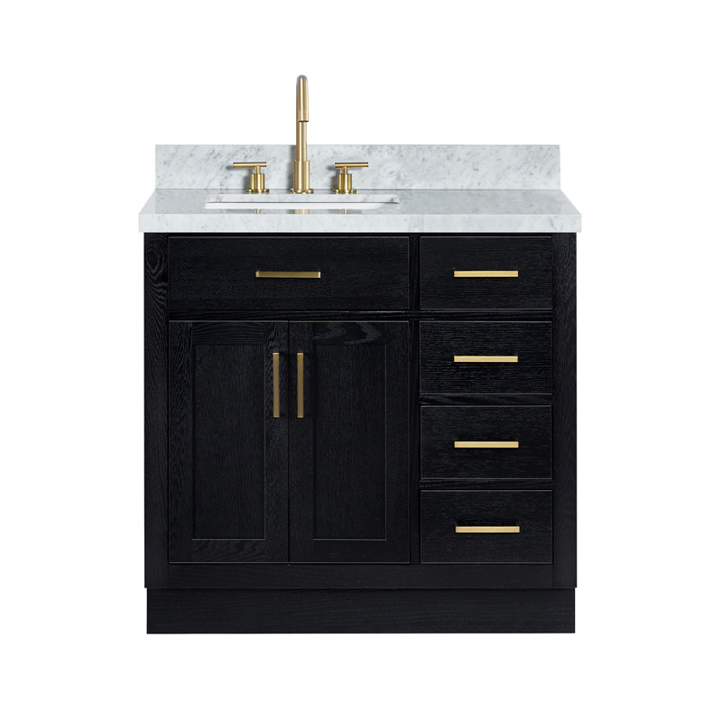 Meuble-lavabo simple en bois massif 36 po Tidworth avec plateau en marbre de Carrare 1,5 po, Gauche, Forme rectangulaire