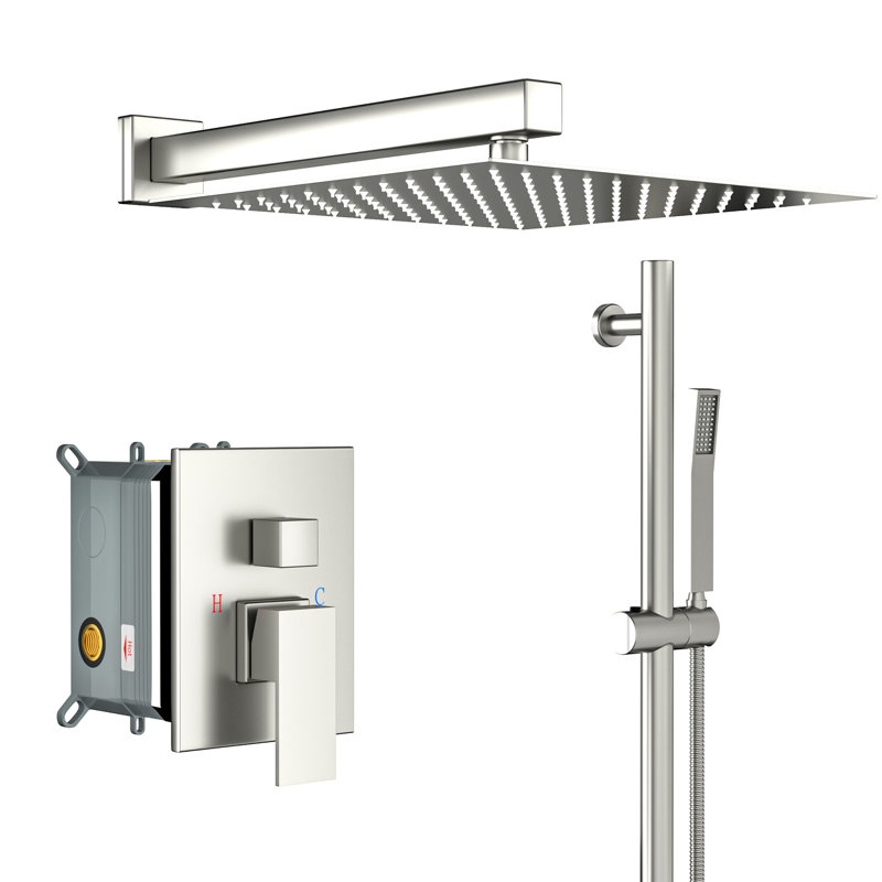 12 Inch Square Shower In Brushed Nickel - Adjustable Slide Bar, -balanced Valve, Rainfall & Handheld Valve Unit