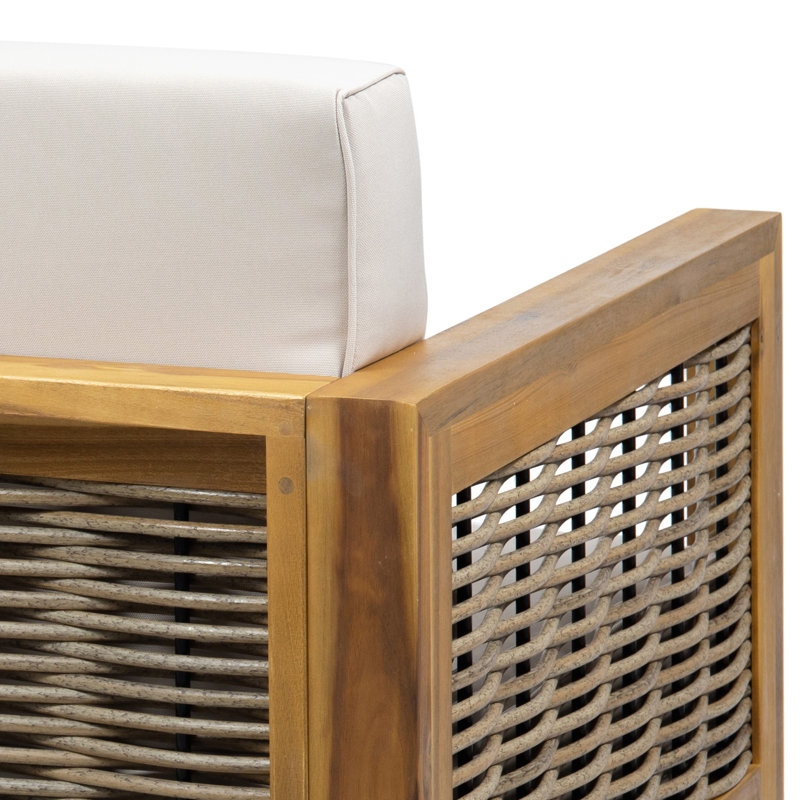 Ensemble de causeuse et table basse d'extérieur en bois d'acacia et osier avec coussins, teck et beige