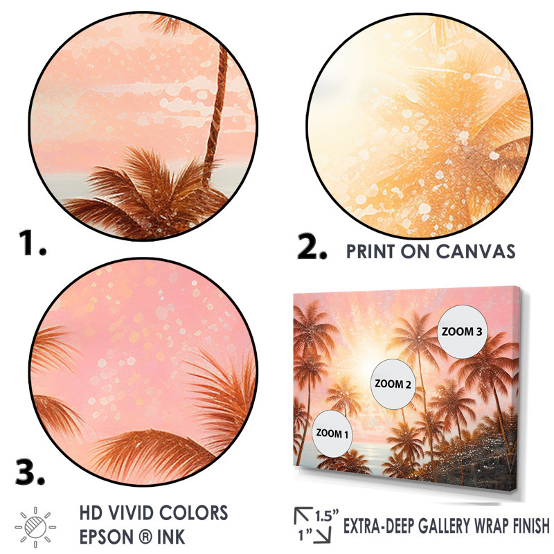 Rose Radiance Sunset Palm Trees Canvas Print with Black Frame