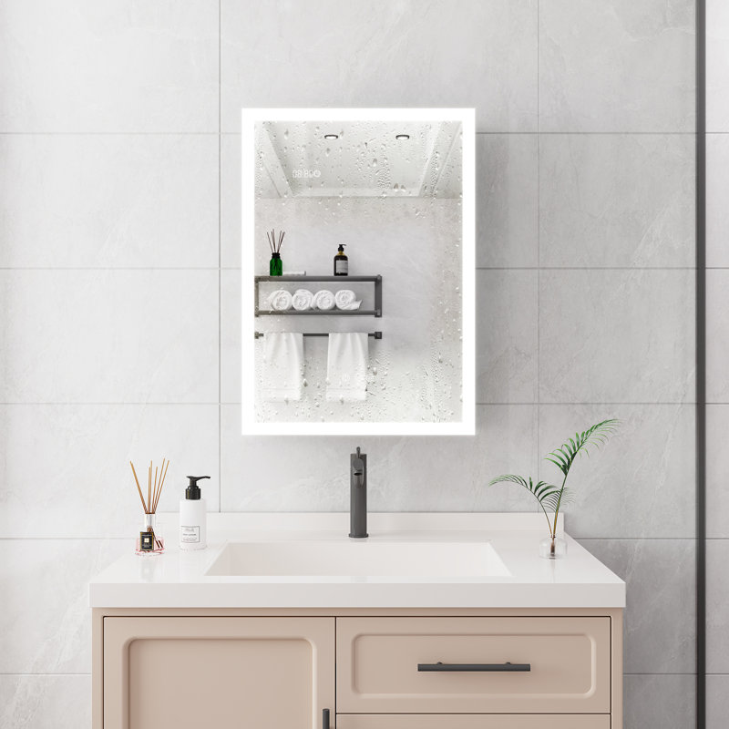 Armoire à pharmacie de salle de bain à DEL - 28 po x 20 po avec lumières, miroir, gradateur, horloge numérique et affichage de la température, montage en surface, lumières imperméables aspect moderne