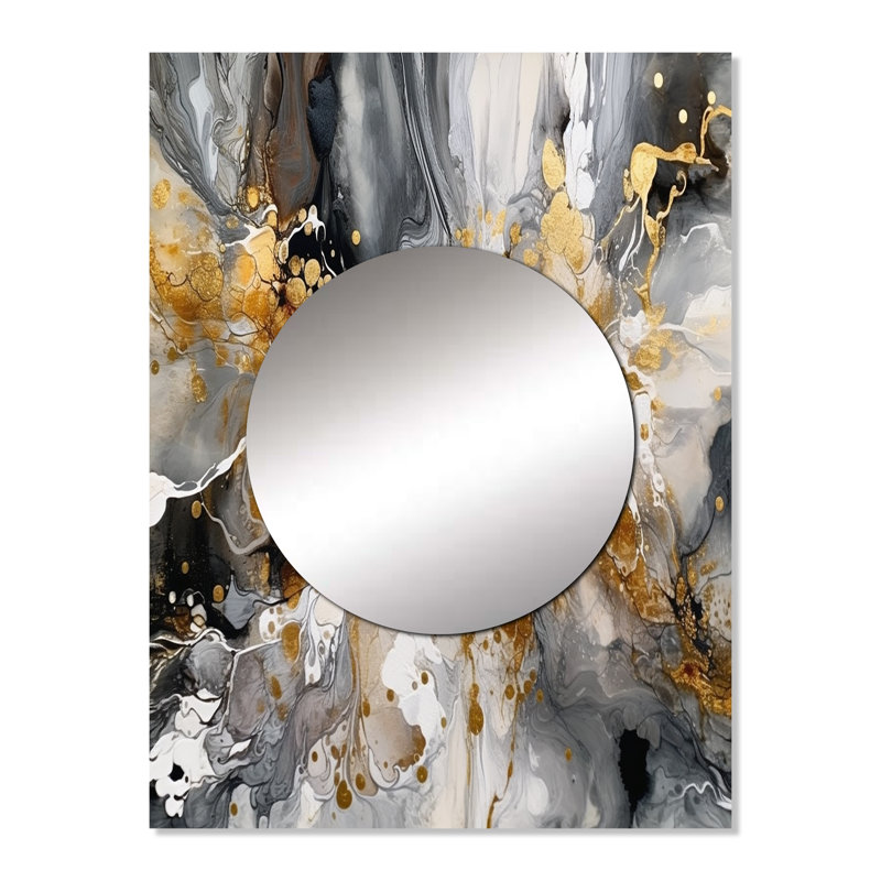 Javuneesha gris doré délicat abstrait coups de pinceau IV - grand miroir mural en marbre, miroir décoratif moderne, art imprimé en métal
