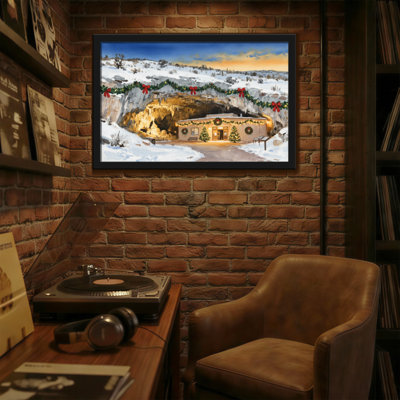 Christmas Winter Cave Christmas Scene Decorated With Lights And Garlands