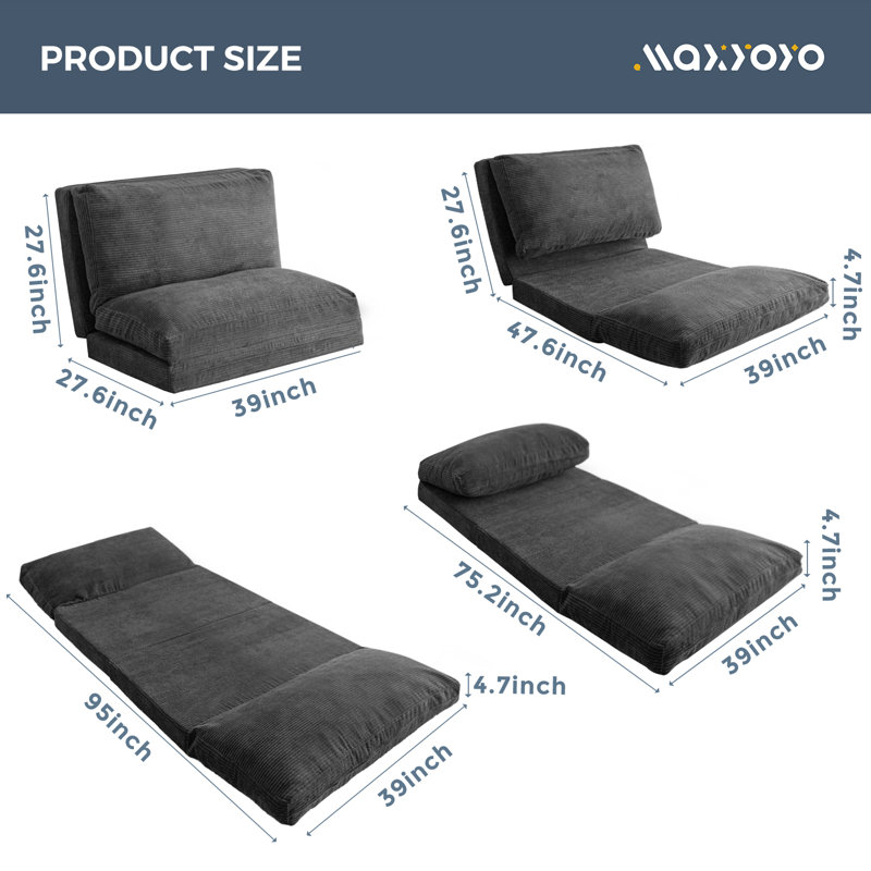 Holly-Madison Bean Bag Floor Sofa Bed, Dark Gray Corduroy, 4.7" H x 39" W x 95" D