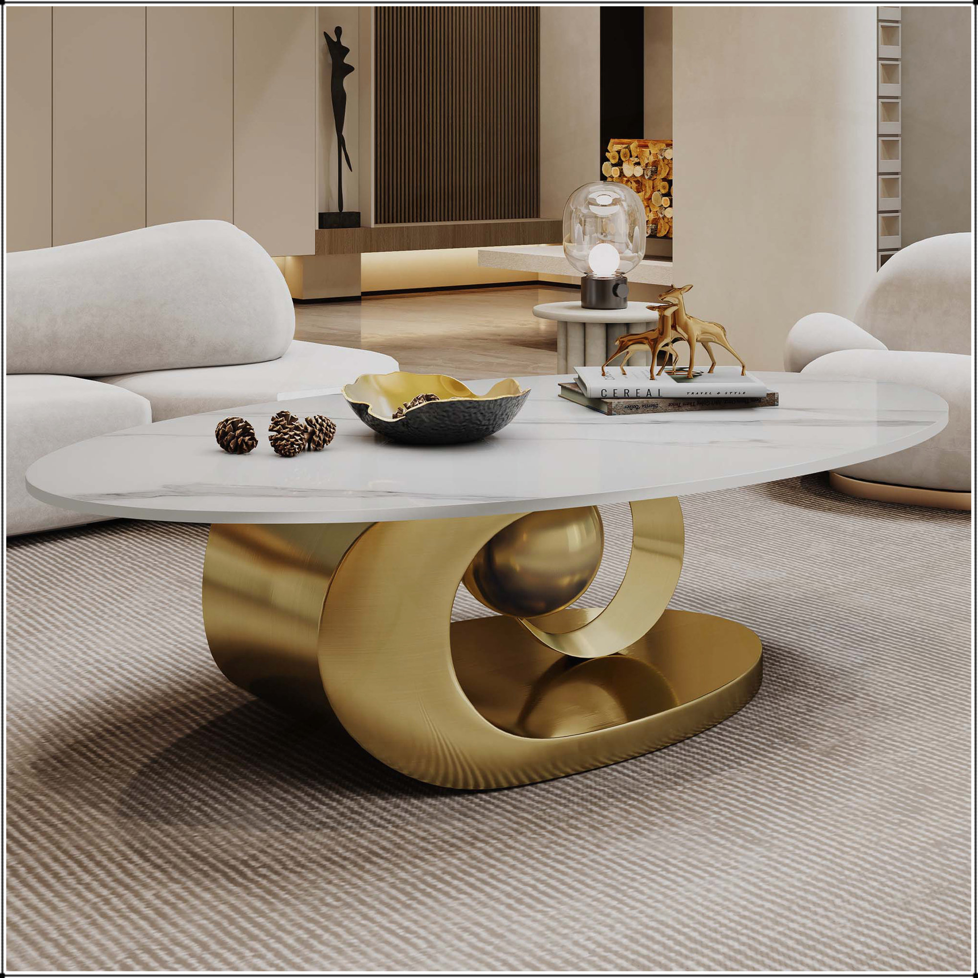 Everly Quinn Faux Marble Coffee Table with Sculptural Stainless Steel ...