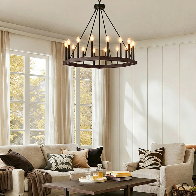 Grand lustre 40 pouces 16 lumières, bois rustique et finition noir mat