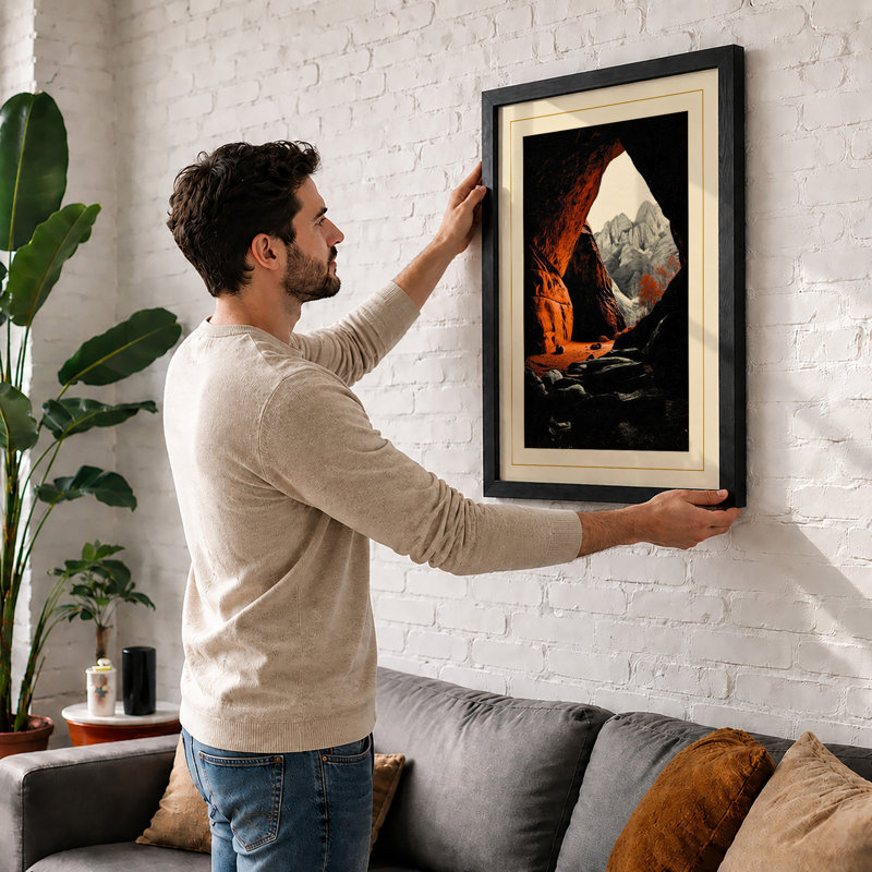Cave Outlook Landscape - Framed Print, A2 - 59.4 x 42.0 cm, Black