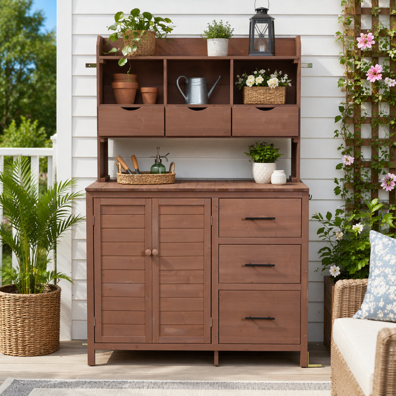 Banc de patio avec 6 tiroirs et armoire Farmhouse, Brun