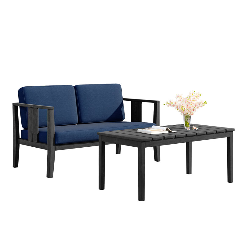 Ensemble de patio d'extérieur pour deux personnes en teck avec coussins et table basse Junco, Marine, Noir