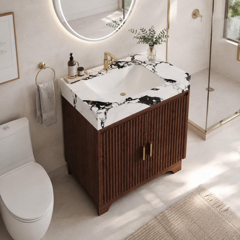 Meuble-lavabo avec plateau en pierre frittée et pieds en contreplaqué Heywood, Black White