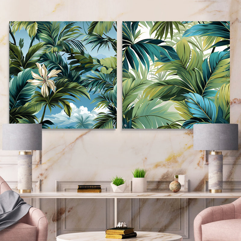 Palmier - motif tropical - ensemble de 2 peintures murales en acrylique tropical bord de mer, H 36 po x l 73 po