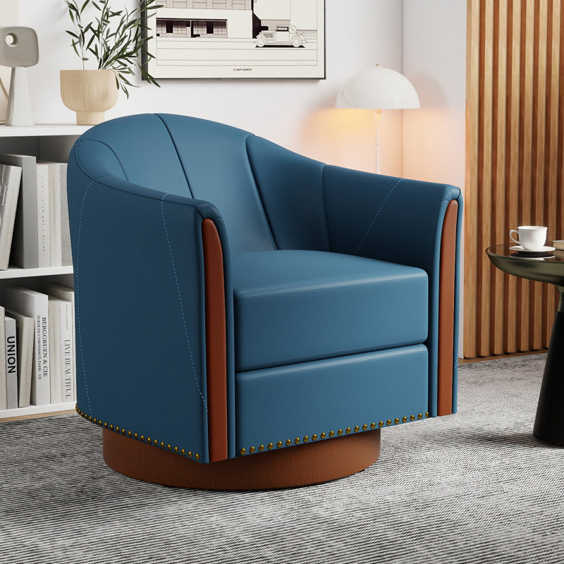 28"W Modern Vegan Leather Swivel Barrel Chair with Solid Wood Base, Blue