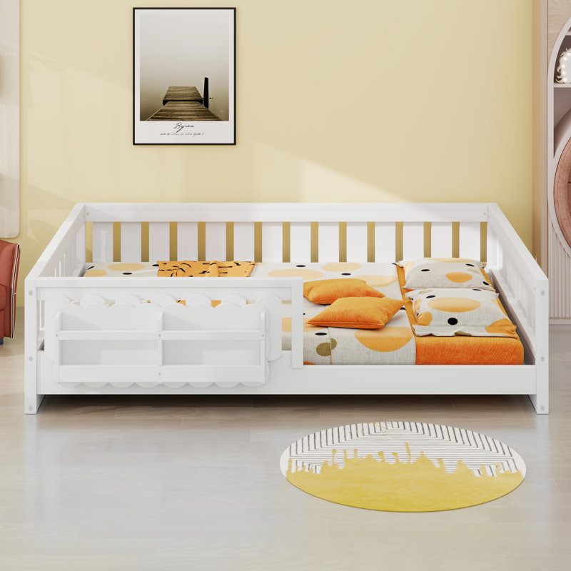 Platform Bed With Guardrail And Storage Shelves, White, Full