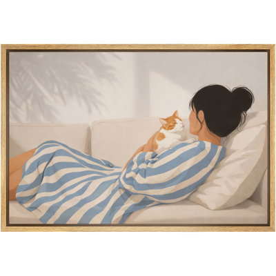 «Cozy Woman with Cat», art figuratif moderne, images de chambre à coucher, impression sur toile encadrée
