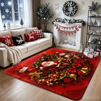 Festive Christmas Santa Sleigh Area Rug, Holiday Home Decor, Floor Mat for Living Room, Bedroom, Decorations, Rugs