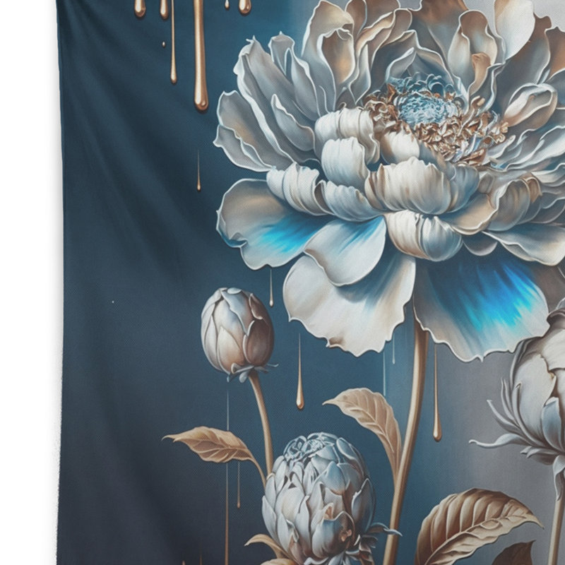 Polyester polyester bleu glacé tapisserie avec zinnia, H 50 po x l 60 po