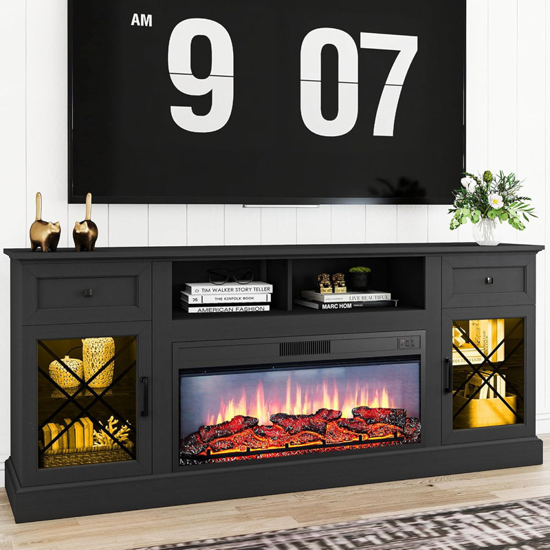 70" Fireplace TV Stand For Tvs Up To 80" With 35" Electric Fireplace, Black
