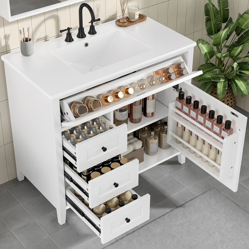 Meuble-lavabo sur pied 36 po avec lavabo en céramique, Blanc