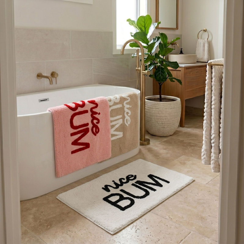 Kaitryn Nice Bum Slogan Bath Mat, Beige