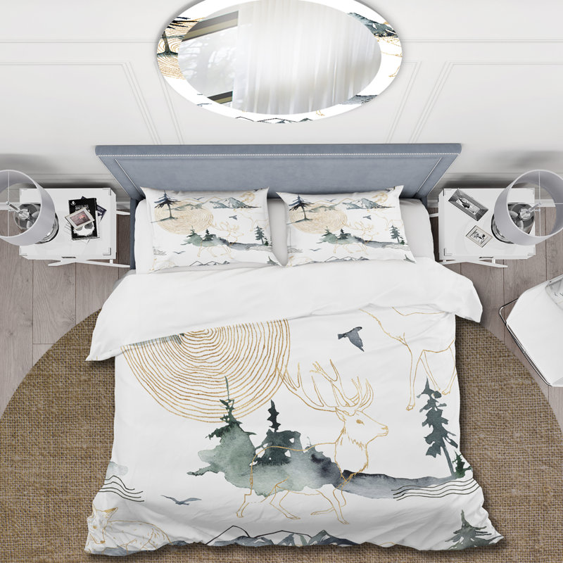 Ensemble de housse de couette moderne - Gouache minimaliste avec des montagnes et des cerfs - Microfibre de polyester