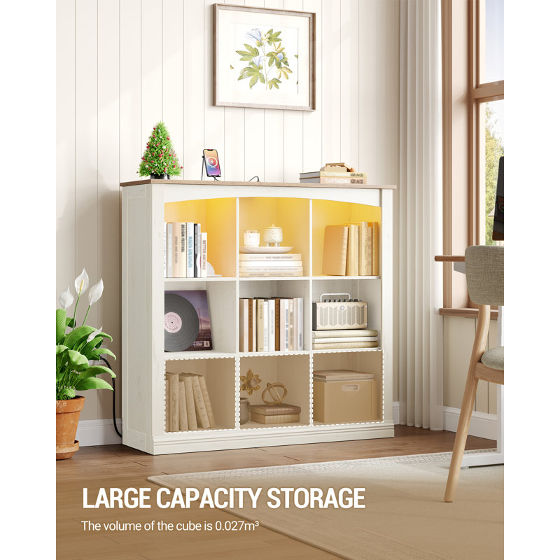 Cube Bookshelf, 9 Cube Storage Organizer, 3 Tier Wood Cubby Bookshelf with Led Lights and Charging, Low Bookcase for Bedroom, Office, Living Room, White