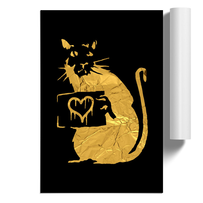 Banksy in Gold Rat with Heart - Frameless Print, 84cm H x 59cm W x 0.1cm D
