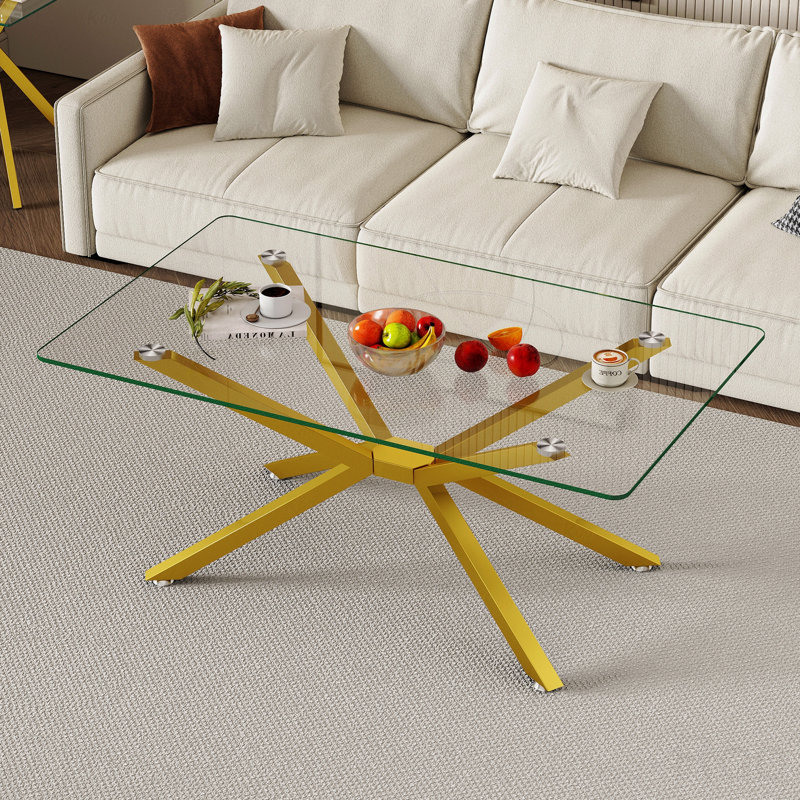 Table basse 39,37 "rectangulaire en verre trempé transparent, design élégant avec pieds en métal doré, Clair, Doré