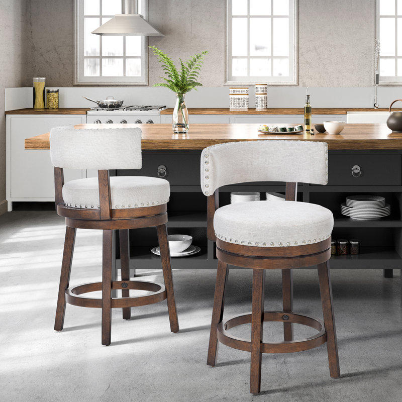 Tabouret de bar et de comptoir pivotant à 360 ° avec garniture cloutée, chaise de bar rembourrée en bois massif pour îlot de cuisine