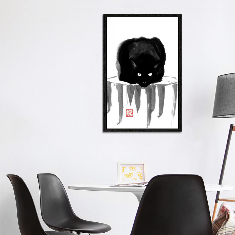 Black Cat On Wood by Péchane - Print on Canvas, 101.6 cm H x 66.04 cm W, Black Framed