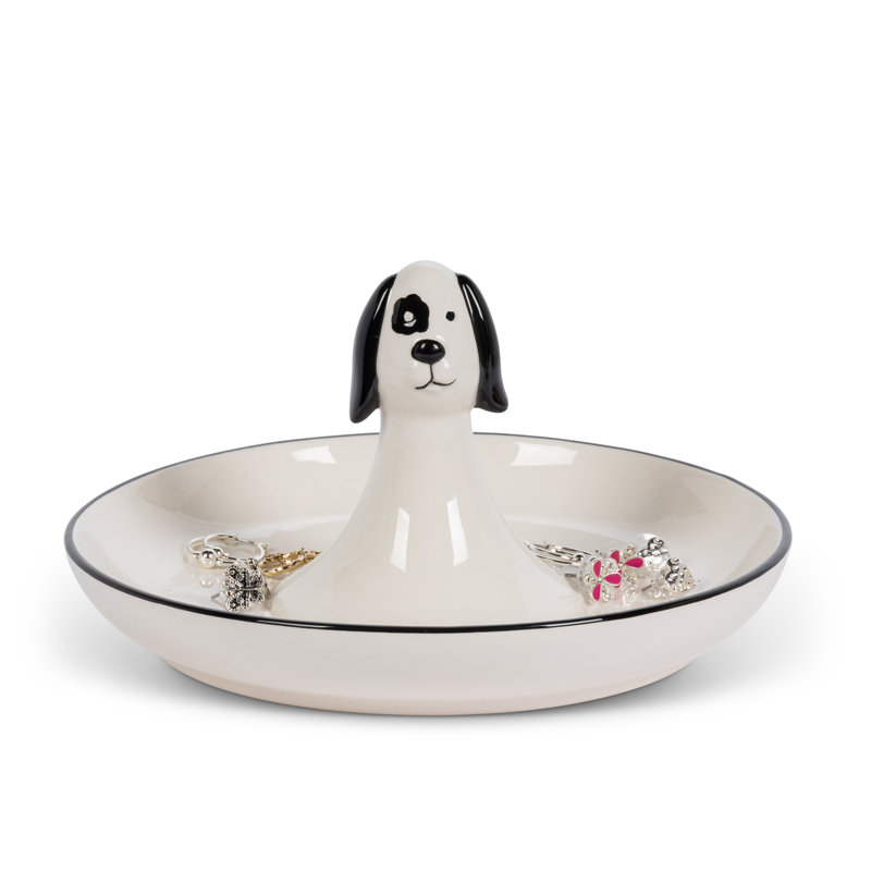 7.13-in L Black and White Porcelain Dog Themed Ring Dish