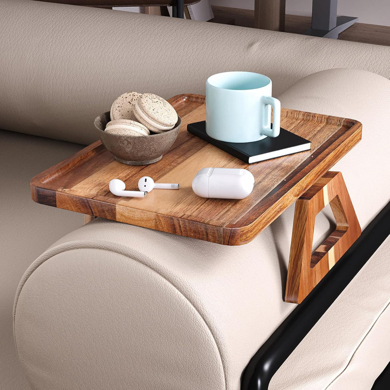 Adjustable Acacia Wood Sofa Arm Tray – Universal Couch Armrest Table with Non-Slip Pads