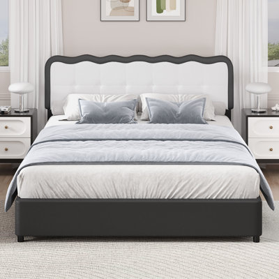 Upholstered Bed Frame with Cloud Shaped Headboard, PU Leather Bed Frame with Adjustable Headboard
