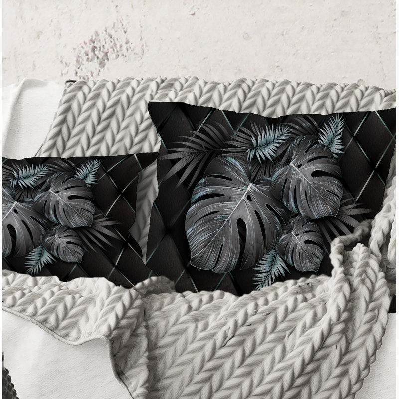 Carré, feuilles tropicales noires et dorées I - Coussin décoratif imprimé moderne, 16" x 16"