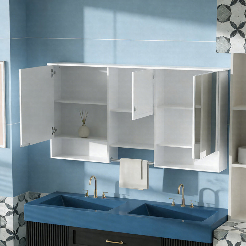 55" Wall-Mount 3-In-1 Mirror Cabinet With Adjustable Shelf, Soft-Close Hinges & High-Quality MDF