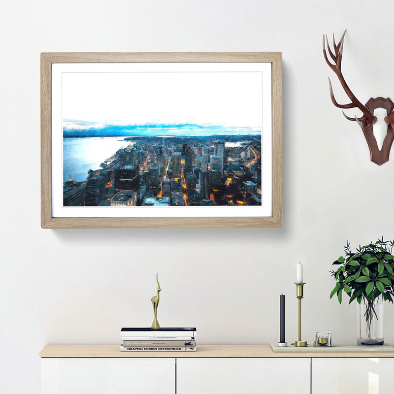 The Seattle Washington Skyline - Picture Frame Painting Print, 33cm H x 45cm W x 2cm D, Oak Framed