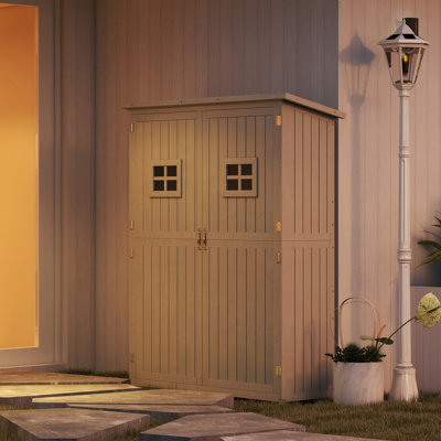 127.5cm Wide Wooden Garden Shed with Two Windows & Double Doors – Grey Outdoor Tool Storage Cabinet, 3 Shelves + Right Large Space, 164cm High