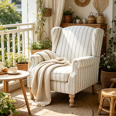 Modern Accent Chair with Retro Wood Legs, Stripe Wingback Upholstered Armchair, Comfy Single Sofa Chair with High-Resilience Sponge Cushion for Living Room, Bedroom, Office