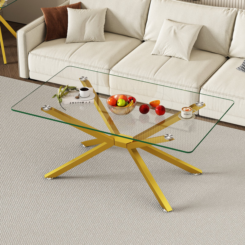 Modern Glass Coffee Table, 39.37" Sofa Coffee Table with Cross Metal Frame and Clear Glass Top, Rectangular Cocktail Centre Table for Living Room