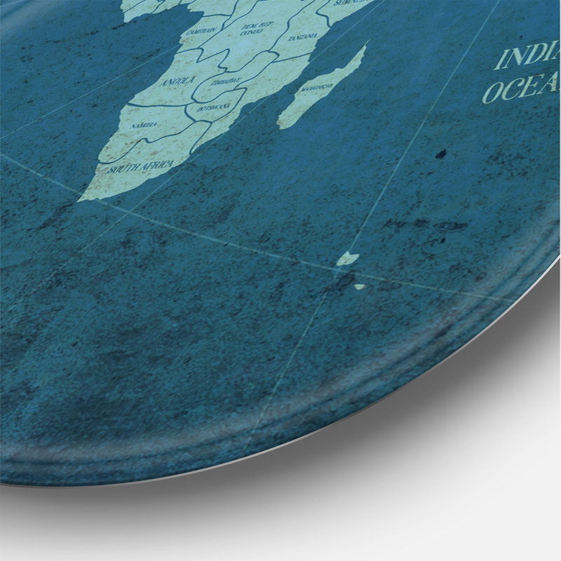 « Slate World map II »-impression sur cercle en métal, H 11 po x l 11 po