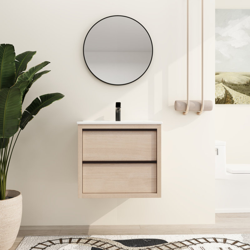 24'' Single Sink Wall Mounted Bathroom Vanity,Floating Vanity with 2 Drawers and Ceramic Basin Sink Top, White, White