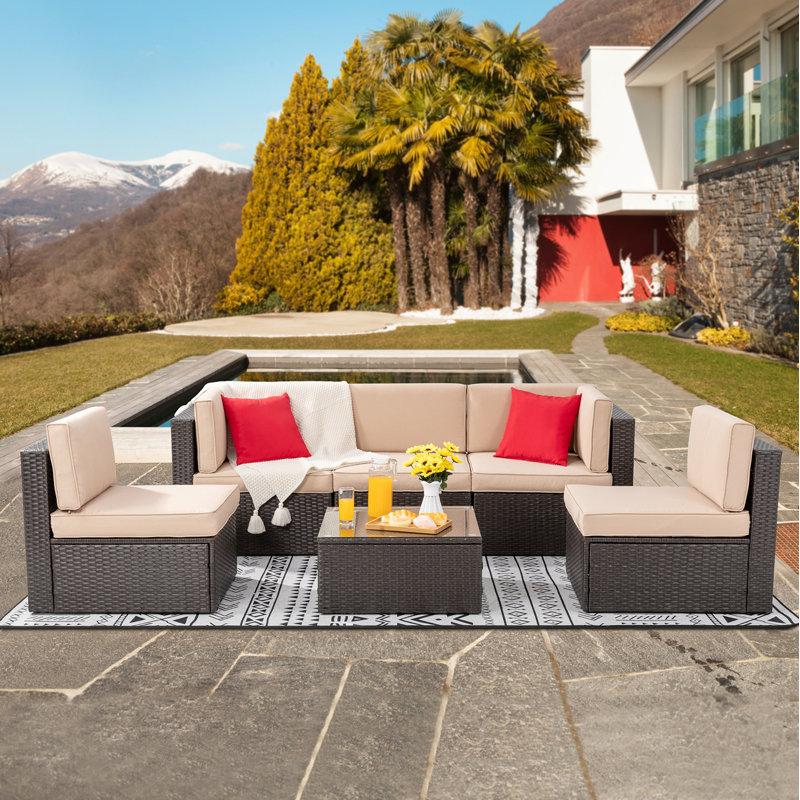 Ensemble de conversation modulaire en rotin 6 pièces avec coussins Arlynne, Beige