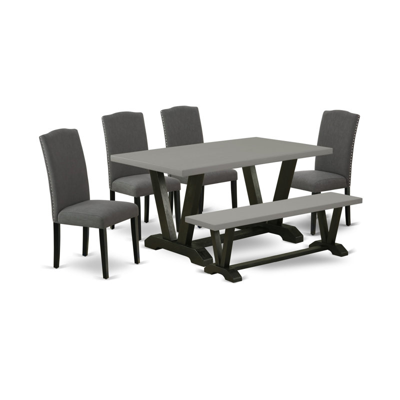 L'ensemble de salle à manger 6 pièces contient une table de salle à manger rectangulaire avec pieds en V et 4 chaises Parson en tissu de lin Gotham foncé avec un banc, noir brossé