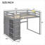 Lit plateforme mezzanine double avec cadre de rangement pour chambre à coucher en bois massif gris ardoise avec garde-robe intégrée, tablettes et éclairage DEL