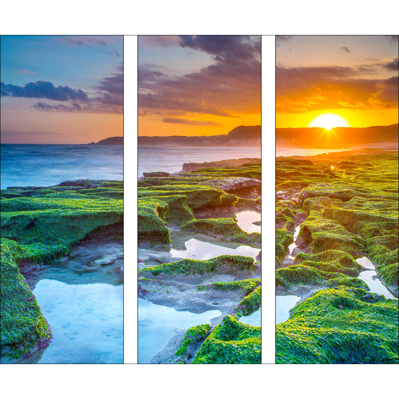 Green & Orange Horizon - No Frame Print on Glass, 80cm H x 90cm W, Decimus 3 Piece Glass Set