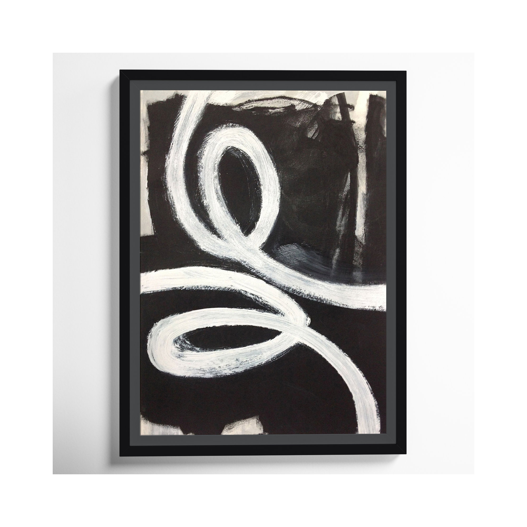 White Swirly Swirls 1 - Floater Frame Painting on Canvas, Black Framed, 16" H x 12" W x 2" D