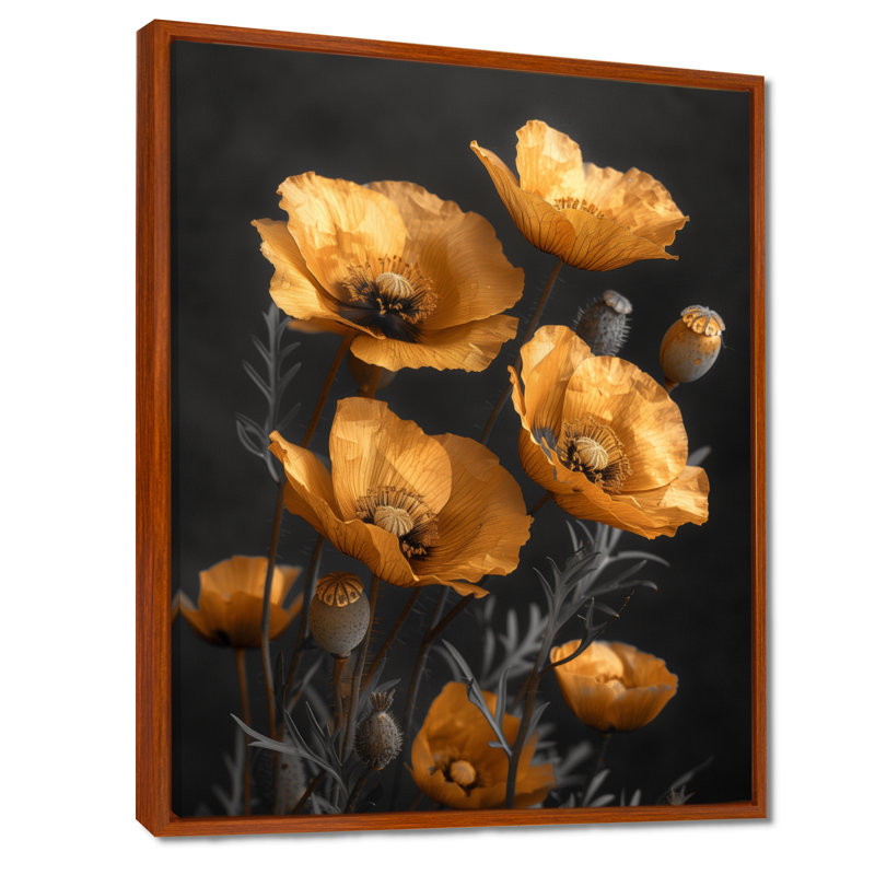 Or noir rétro Glamour Poppies - coquelicots, impression d'art mural, Toile avec cadre flottant brun