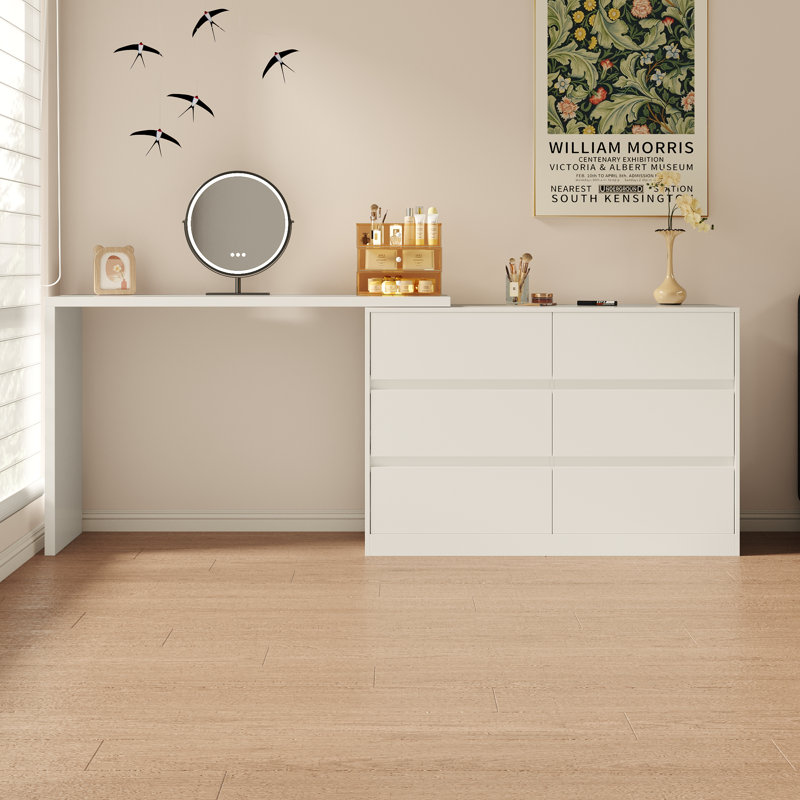 Table de coiffeuse extensible avec 6 tiroirs, Blanc