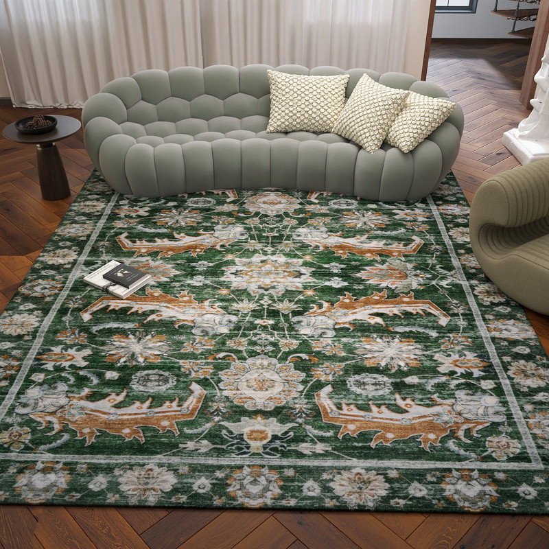 Washable Indoor/Outdoor Green Floral Area Rug Soft Accent Rug Vintage Low Pile for Living Room Bedroom balcony Entrance