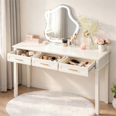 Cream White Vanity Desk With 3 Drawers, Modern Makeup Table Or Writing Desk, Multipurpose Dressing Table For Bedroom – No Mirror Included